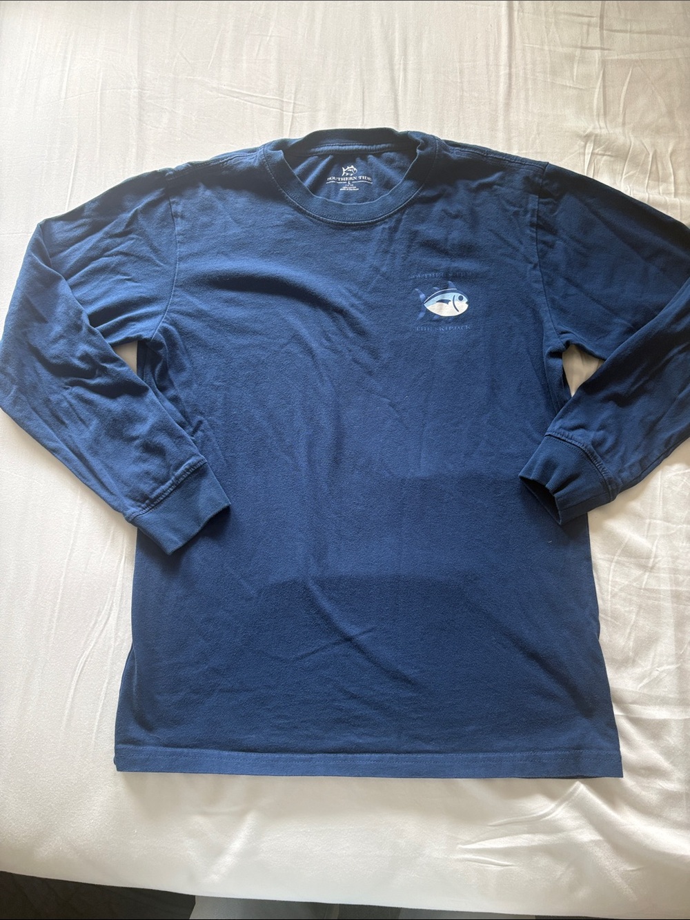 Southern Tide Navy Long-Sleeve Crewneck Shirt with Fish Logo